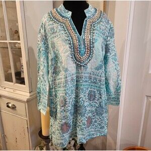 CHARTER CLUB 100% Linen Beaded Boho Tunic‎ Top Women's L Coastal Grandmother